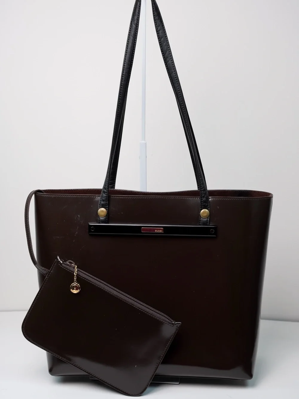 Vintage GUCCI Deep Brown Patent Tote Bag Large Shoulder Bag w/ Matching Pouch